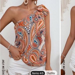 SHEIN VCAY Paisley Print One Shoulder Knot Detail Blouse